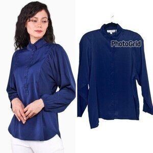Oscar De La Renta Blue Hi Neck Long Sleeves Blouse Women’s Size 16